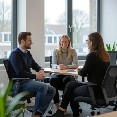 3 mensen op kantoor in gesprek